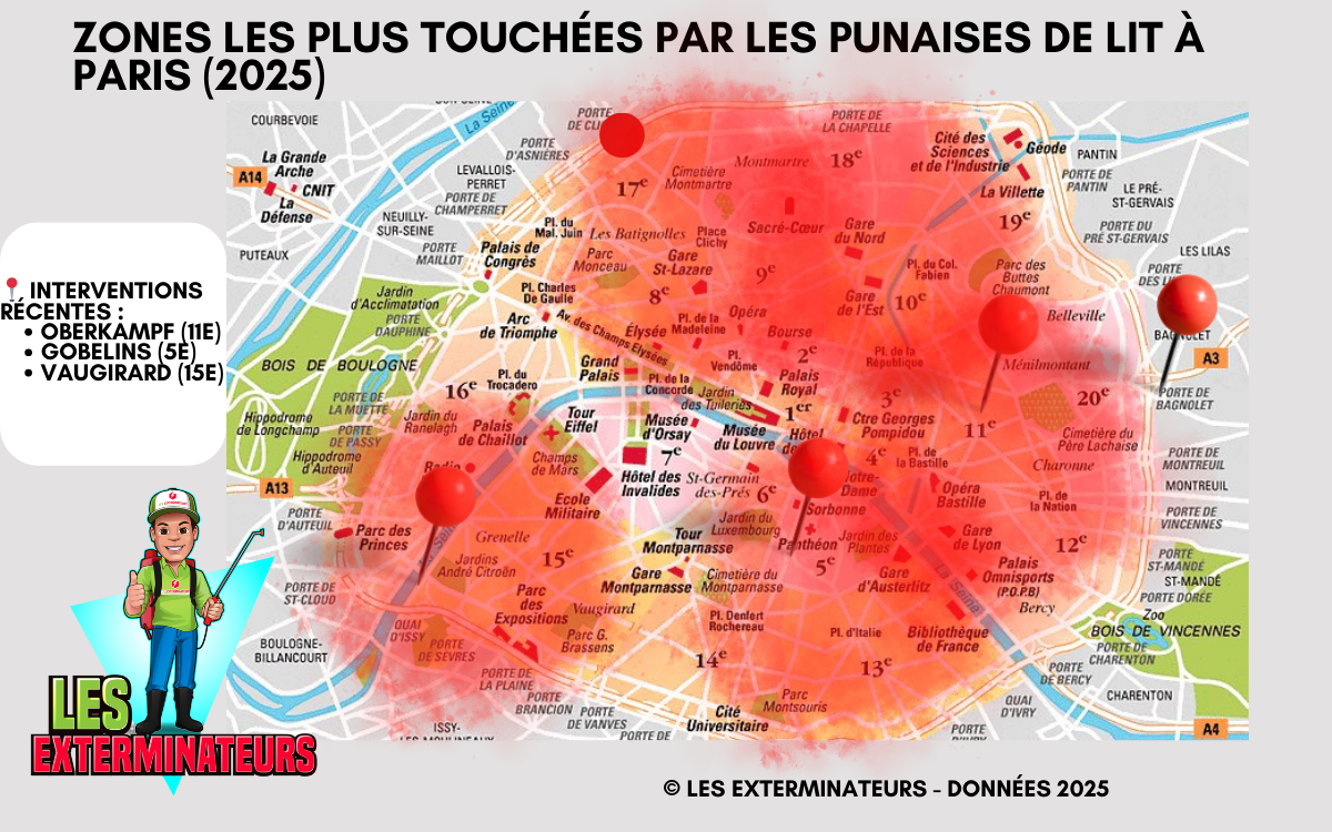 Carte des infestations de punaises de lit à Paris en 2025 – Quartiers les plus touchés selon Les Exterminateurs.